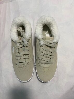 Puma Beige Suede-Look Fur-Lined Low-Top Sneakers